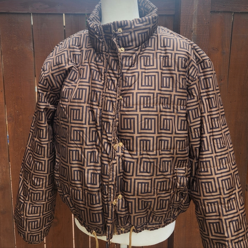 Ashley By 26 International Black and Brown Patterned Puffer Jacket